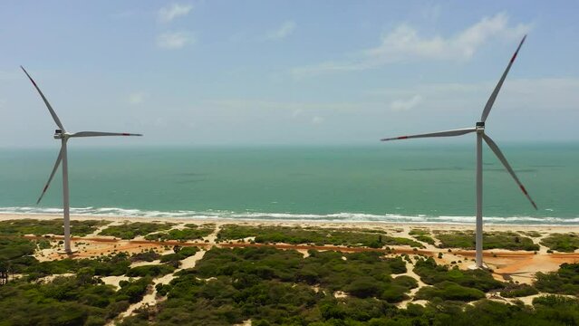 Wind turbines on the coastline. Wind power plant. Mannar, Sri Lanka.