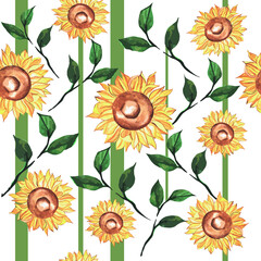 beautiful watercolor seamless pattern of sunflower flowers with leaves and twigs on striped background. elegant floral print for fabric, diary, bed linen