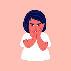 Little cute girl is shy and holds her face with her palms. Portrait of a cute little happy child. Vector flat illustration