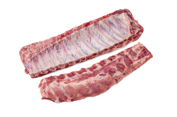Raw meat, Whole raw pork ribs. Raw pork meat spare ribs or belly on white background. top view