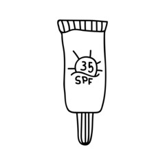 Hand drawn sunscreen. Vector illustration in doodles style. Isolate on a white background.