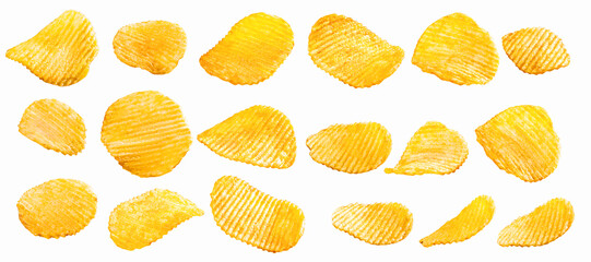 Ridged potato chips isolated on white background with clipping path, collection