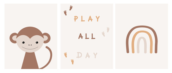 Cute collection baby posters. Cartoon monkey, Boho rainbow and phrase play all day. Wall art nursery. Design childish textiles, baby shower, postcards. Funny kids print. Portrait happy monkey