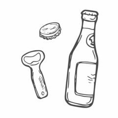 Set with a beer bottle and bottle opener hand-drawn in the style of doodle graphics