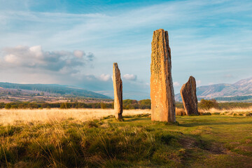 Machrie Moor Standing Stones circle in golden evening light, Isle of Arran, Scotland