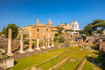 Fototapeta na wymiar The Roman Forum (latin name Forum Romanum), plaza of the ancient roman ruins at the center of the city of Rome, Italy, Europe.
