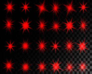 Shine light effects, vector red sparkles and glow with lens flares on transparent background. Shiny star burst and sun beams or rays with sparkles, glare flashes and glowing stripes