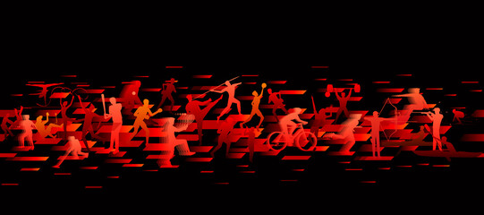 Sports background design with abstract modern template. Vector illustration of sport players in different activities. football, basketball, baseball, tennis, rugby, bicycling © Manovector