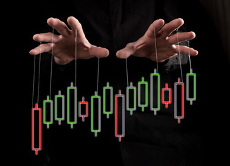 Stock market manipulation. Hands with strings over candlestick graph for changing, controlling...