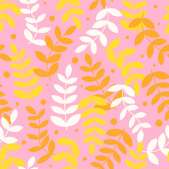 Obraz premium Vector botanical background. Colorful floral seamless pattern. Modern trendy print with leaves and sprouts for fabric, paper, package, and ony surface