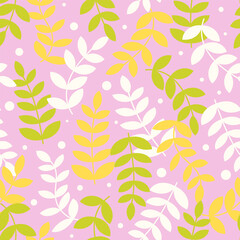 Vector botanical background. Colorful floral seamless pattern. Modern trendy print with leaves and sprouts for fabric, paper, package, and ony surface