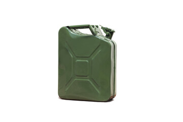 Green Jerrycan isolated on white background. Gas canister full of gasoline. Fuel shortage while...