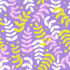Fototapeta premium Vector botanical background. Colorful floral seamless pattern. Modern trendy print with leaves and sprouts for fabric, paper, package, and ony surface