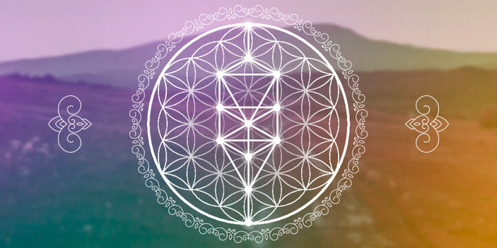 Sacred geometry zentangle inspired design template with oriental tribal ornaments. Flower of life ornamental new age art.Meditation symbol in front of blurry natural background