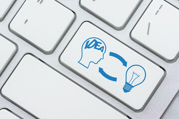 Creative idea / critical thinking process / human imagination concept : Human brain with the word IDEA and a light bulb on a computer button, depicting brain improvement with new idea generation.