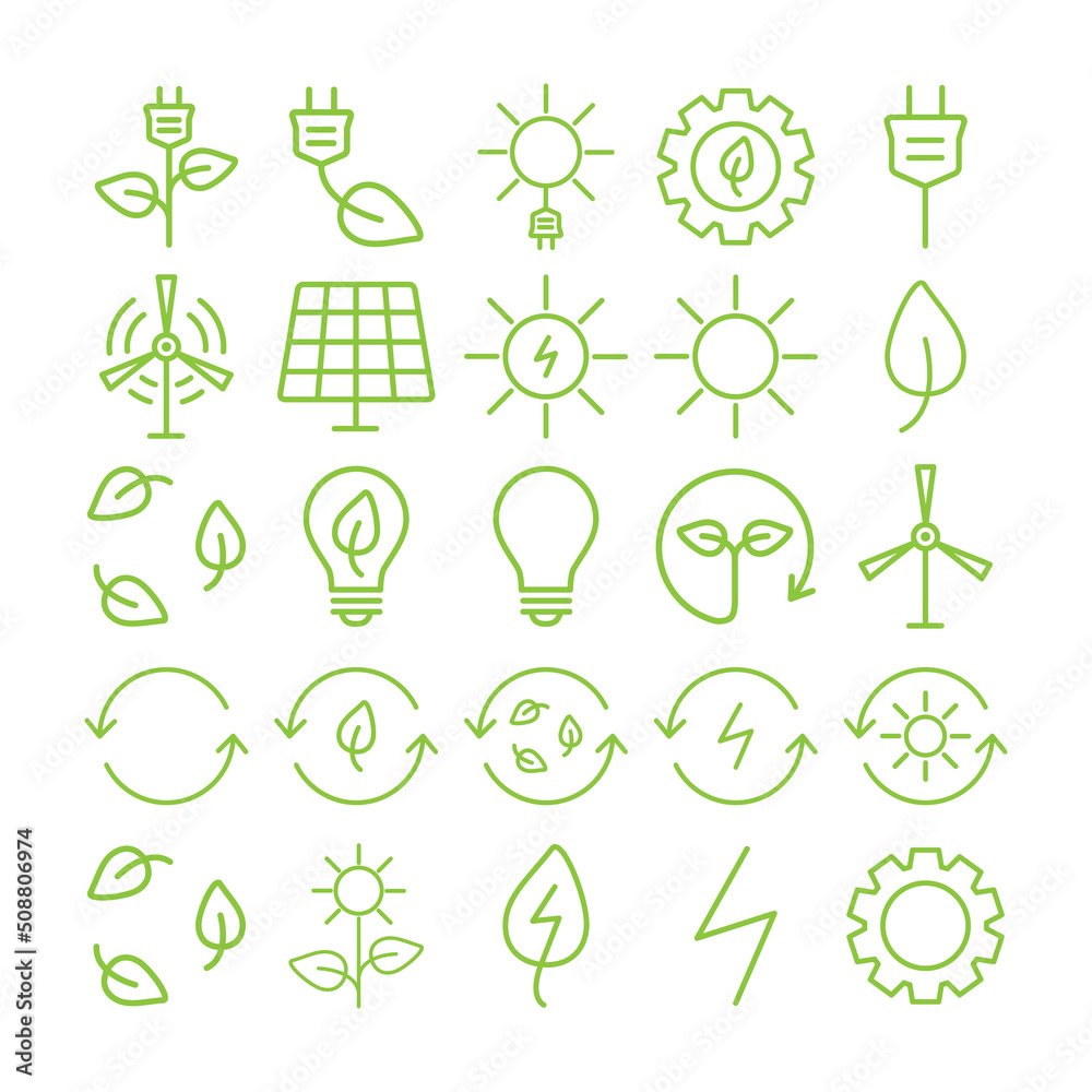 Wall mural renewable energy icon set. eco green alternative energy power collection. vector illustration isolat