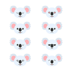 Koala face emotion set. Cute koala bear head collection. Vector illustration isolated on white.