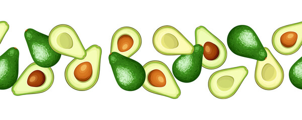 Horizontal seamless border with avocado fruit. Vector illustration