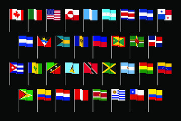 Flags of Central, South and North America. Unusual, toy, minimal graphic design. Collection of miniatures.