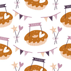 Seamless pattern with donut in vintage style. Festive modern wallpaper. Vector handmade background