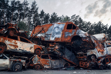 Fototapeta premium Destroyed and fired on cars in the parking lot. Cemetery of destroyed motor vehicles in Irpin, Kyiv region, 2022.