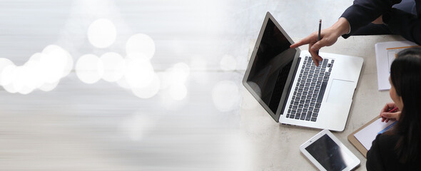 Businesspeople working together,  CEO in front view discussing concept of analysts trying to predict stock market behavior. Double exposure