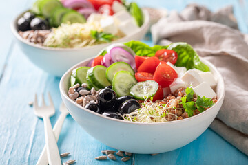 Diet Greek salad as a balanced meal for diet.