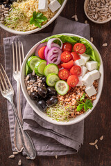 Diet Greek salad in the fit version with buckwheat groats.