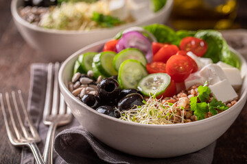 Fresh Greek salad as a balanced meal for diet.
