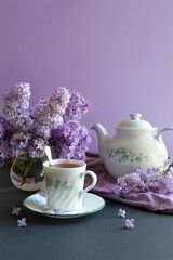 still life with tea and flowers