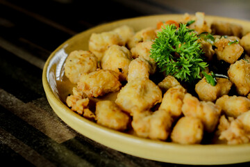 Salted tofu snacks are served on hotel plates. Savory and delicious.