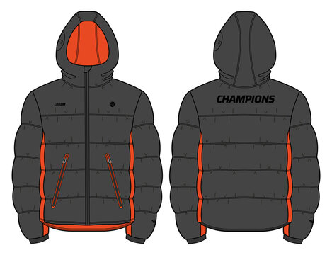Long sleeve puffa Hoodie jacket design flat sketch Illustration, Padded Hooded jacket with front and back view, Soft shell winter jacket for Men and women for outerwear in winter.