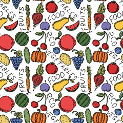 seamless vegetarian food pattern. Colored doodle vector with vegetarian food icons. Vintage food icons