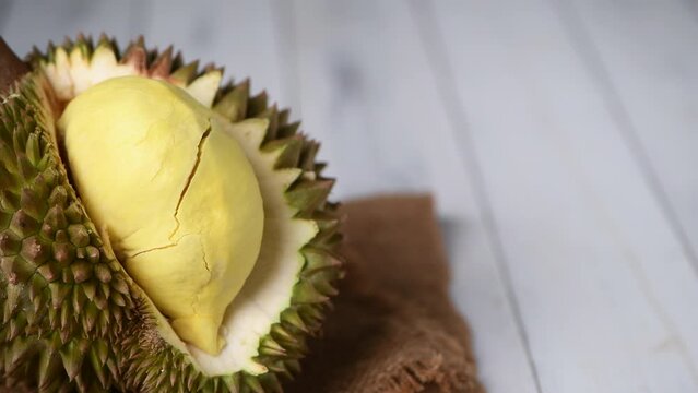 Pan motion of Fresh durian (monthong) on sack and old wood background, king of fruit from Thailand on summer season