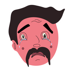 Sad man face with moustache crying with tears. Doodle vector illustration with person emotion