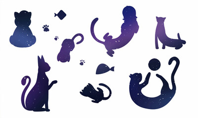 Stencil. Vector image of flat isolated cats on a white space color background. Cats and kittens lie, play, spin the ball, pull themselves up nicely. The illustration has animals, fish, cat paws, food,