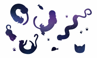 Stencil. Vector image of flat isolated cats on a white space color background. Cats and kittens lie, play, spin the ball, pull themselves up nicely. The illustration has animals, fish, cat paws, food,