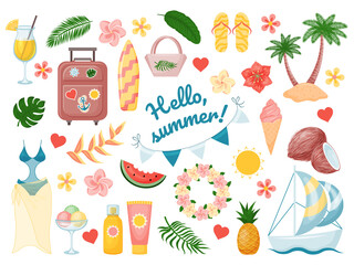 Set of cute summer elements suitcase, fruit, drinks, palm leaves, swimsuit, flowers. Fun colorful objects. Isolated on white. Vector illustration