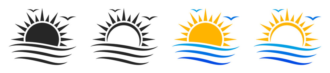 Set of sun and sea logotypes. Sunset icon, island and sea beach. Sun and sea wave symbol. Vector illustration. - obrazy, fototapety, plakaty