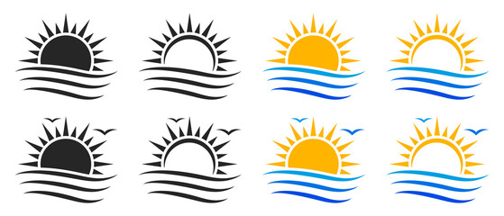 Set of sun and sea logotypes. Sunset icon, island and sea beach. Sun and sea wave symbol. Vector illustration.