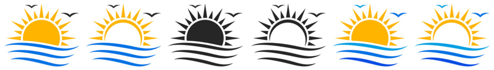 Fototapeta na wymiar Set of sun and sea logotypes. Sunset icon, island and sea beach. Sun and sea wave symbol. Vector illustration.