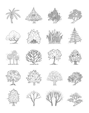 Hand drawn vector set of side view trees.