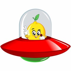 cute lemon fruit mascot character illustration logo icon vector in alien aircraft