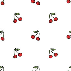 Seamless cherry pattern. Doodle vector with red cherry icons. Vintage cherry pattern