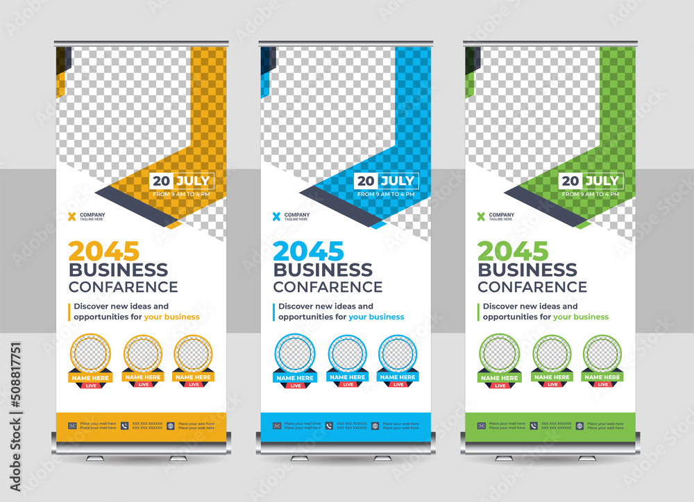 Wall mural design of vector white roll-up banners with round, square, diagonal and triangular design elements a