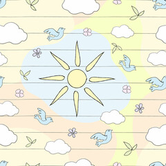 line pattern with sun and bird