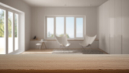 Fototapeta na wymiar Empty wooden table, desk or shelf with blurred view of modern white living room with carpet and armchairs, big window, modern interior design concept
