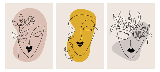 Set of creative hand painted abstract faces in one line. Minimalistic vector icons: female portrait, flowers. For postcard, placard, placard, brochure, cover design, web.