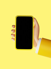 Cartoon hand with black empty screen smartphone 3D rendering on yellow background illustration