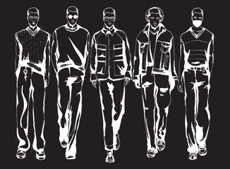 Fashion man. Sketch set of a fashion aframerican man on a black background. Summer men. Street style